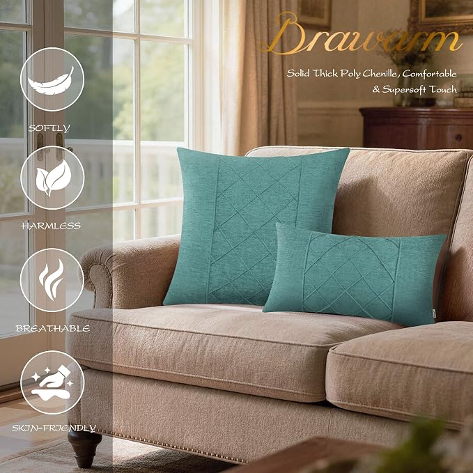 BRAWARM Chenille Throw Pillow Covers 16x16 Inches, Teal, 2 Pack | Decorative Pleated Pillow Covers, Soft Cushion Cases for Sofa Bed Living Room Home Farmhouse (No Insert)