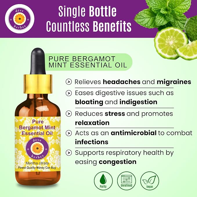 Deve Herbes Pure Bergamot Mint Essential Oil (Mentha citrata) with Glass Dropper Steam Distilled 50ml (1.69 oz)