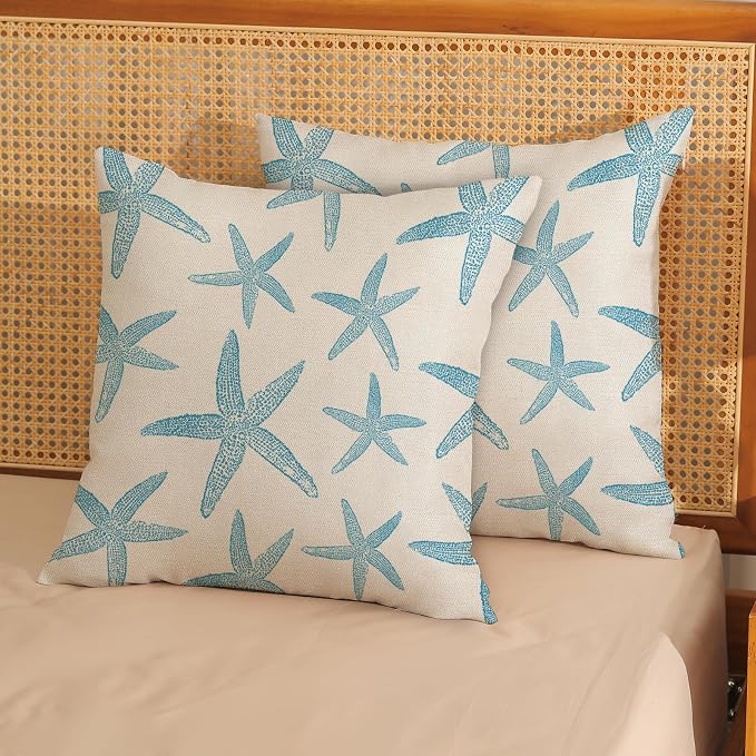 Blue Starfish Pillow Covers 18x18 Set of 2 Coastal Throw Pillows Spring Summer Nautical Ocean Theme Beach Decorative Pillow Cases Farmhouse Linen Outdoor Decor Cushion Case for Home Bedroom