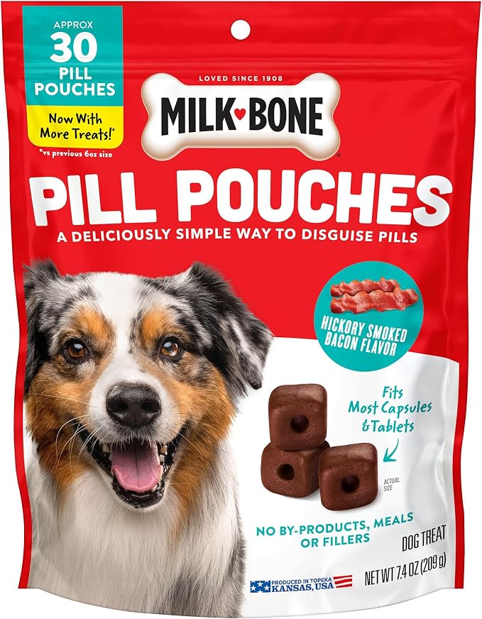 Milk-Bone Pill Pouches, Hickory Smoked Bacon Flavor, 30 Pill Pouches | 7.4-oz. bag, disguise your dog’s pills, fits most capsules and tablets