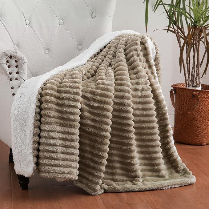 Tan Sherpa Fleece Throw Blanket 50”×60” for Couch Sofa Bed | Double Side Soft Fuzzy Cozy Plush Thick Flannel Blanket with Striped Design Gift for Adults,Woman
