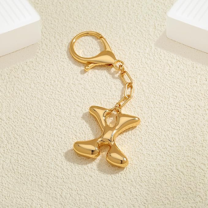 WOWORAMA Initial Letter Keychain for Women Chunky Gold Bubble Letter Bag Charm Purse Charm Personalized Keyrings Accessories