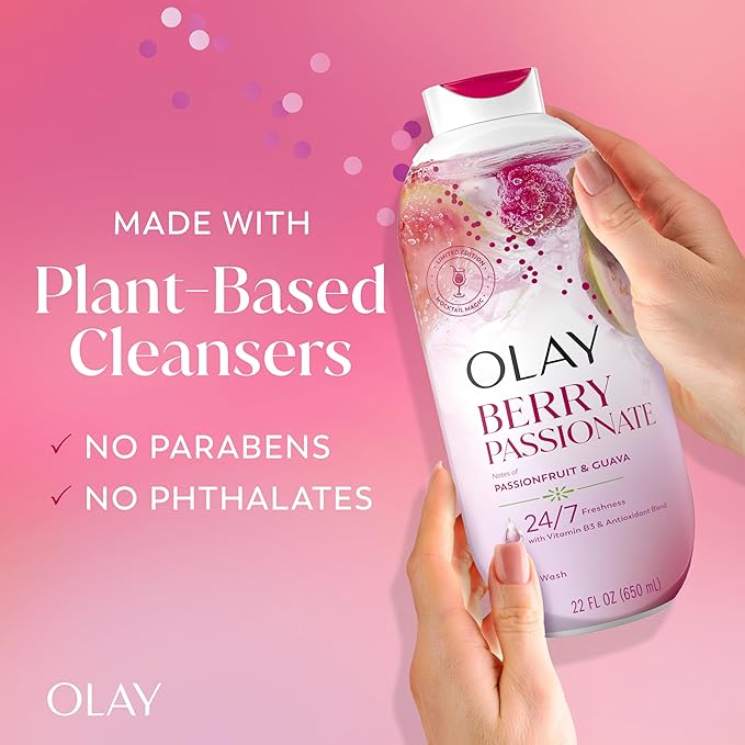 Olay Body Wash for Women, 24/7 Skin-Loving Freshness, Miami Mocktails, Plant Based Cleansers, Vitamin B3 & Antioxidant Blend, All Skin Types, Berry Passionate with Passionfruit & Guava Scent, 22 fl oz