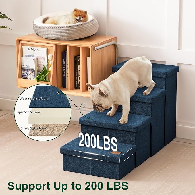 Love's cabin Dog Stairs for High Bed, Foldable Pet Stairs for Small Medium or Large Dogs Puppy with Storage for Bed or Couch, Cat Dog Steps Ramp with Zip up to 200 lbs, Navy Blue, 4 Steps