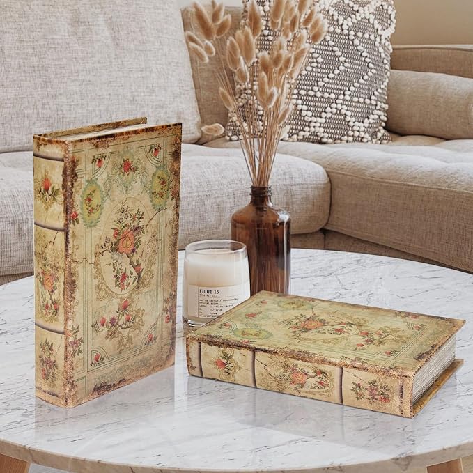 Decorative Vintage Book Shaped Trinket Storage Box Rose Pattern | French Vintage Book Box Coffee Table Decoration