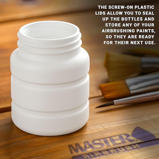 Master Airbrush (Pack of 10) TB-005 Empty 2.7-Ounce (80cc) Plastic Jar Bottles with 60° Down Angle Adaptor Lid Assembly - Fits Single-Action Siphon Feed Airbrushes, Use on Master Badger Paasche Iwata