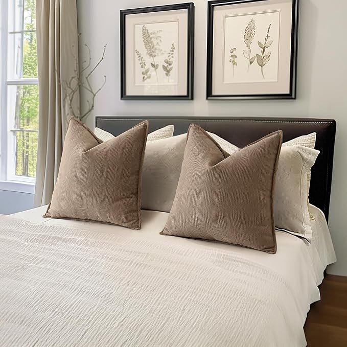 MIULEE Pack of 2 Coco Brown Euro Shams Chenille Pillow Covers 24x24 Inch | Decorative Soft Couch Throw Pillows,Farmhouse Cushion Covers,Elegant Design for Sofa,Bed,Living Room,Summer Decor