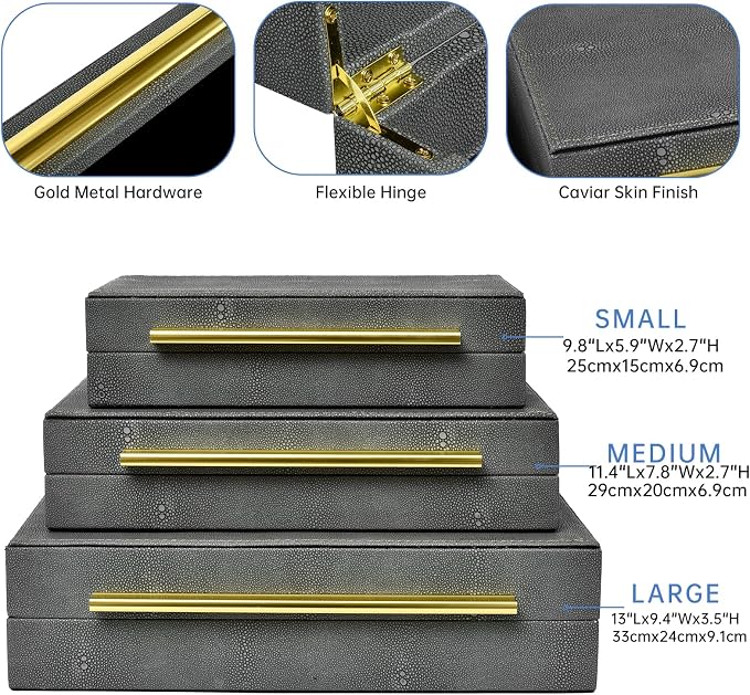 DECOR4SEASON Faux Shagreen Decorative Stackable Storage Boxes – Set of 3 | Jewelry Organizers with Gold Metal Handles & Velvet Lining, Modern Grey Box for Vanity, Entryway & Coffee Table Décor