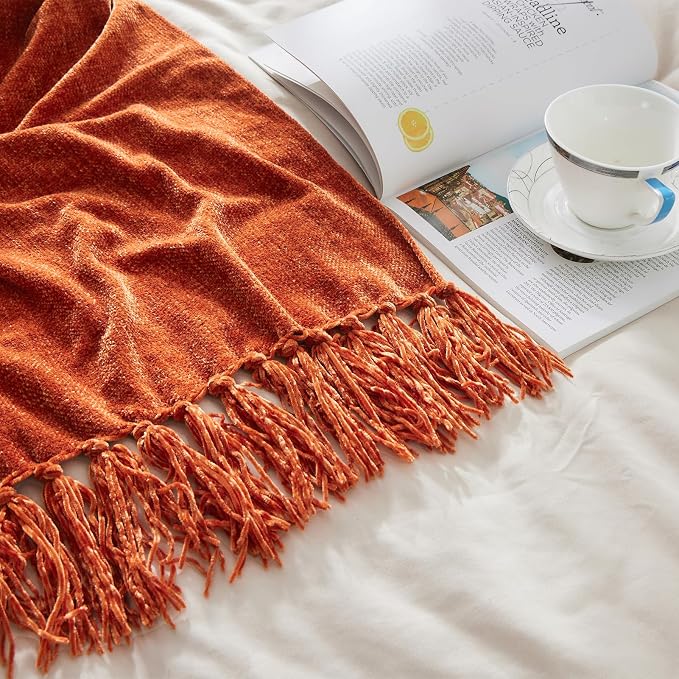 CozeCube Chenille Throw Blanket, Rust Orange Fringe Blanket, 60"X80" | For Couch, Cozy Plush Fuzzy Decorative Blanket with Fringe Tassels, Lightweight Throws for Bed Sofa Gift Home Decor