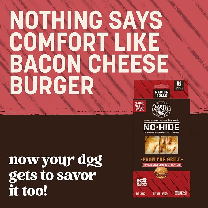 Earth Animal No Hide Dog Chews - Medium Rolls 3 Count Bacon Cheeseburger | Medium Bacon Cheeseburger Flavored Natural Rawhide Free Long Lasting Dog Chews - Treats for Medium Dogs