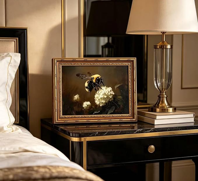 Vintage Gold Framed Bee Wall Art Dark Academia Insect Painting Canvas Print Gothic Moody White Hydrangea Picture Wall Decor Rustic Farmhouse Animal Poster Artwork for Living Room Bedroom Bathroom