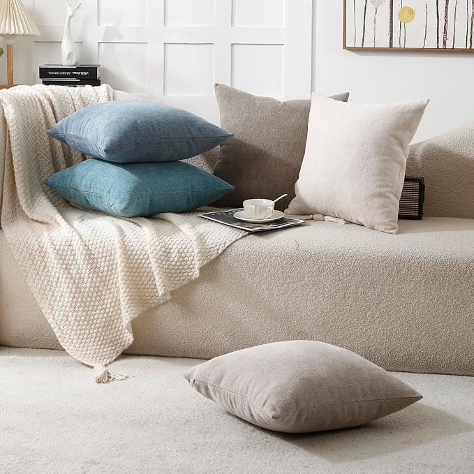 Pack of 2 Decorative Chenille Throw Pillow Covers, 24x24, Beige | Square Soft Cozy Concise Pillow Covers Modern Farmhouse Couch Cushion Cases for Sofa Bed Living Room Home Decor