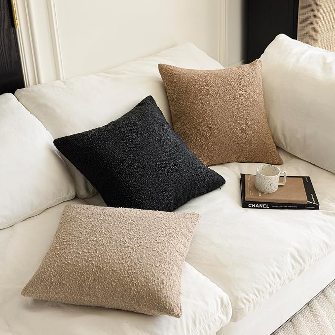 Foindtower Set of 2, Decorative Textured Boucle Throw Pillow Covers Accent Solid Pillow Cases Neutral Soft Cozy Couch Cushion Case for Chair Sofa Bedroom Living Room Home Decor 18 x 18 Inch Black