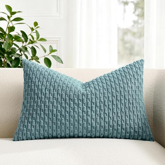 Kevin Textile Soft Corduroy 14"x22" Lumbar Pillow Cover 1 Pack, Blue Grey | Boho Stripe Plush Corduroy Decorative Oblong Cushion Cover Modern Farmhouse Home Decor for Sofa Couch Bed Chair