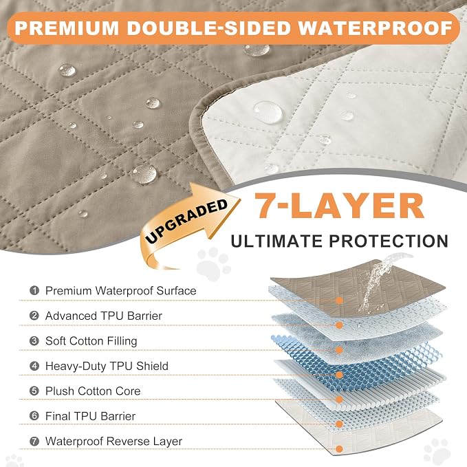 100% Waterproof Washable Dog Blanket, Khaki+Off White, 30"x71" | ,7-Layer Reversible Couch Covers for Dogs Met for Sofa Furniture Car Camping
