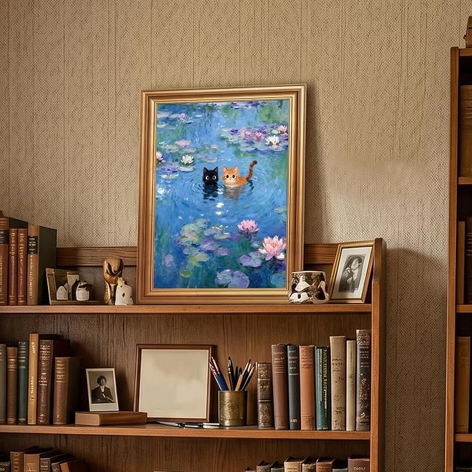 ICHZUMW Gold Framed Funny Cats Monet Water Lilies Canvas Wall Art, 8x10 In | Quirky Black and Orange Cats, Humorous Bathroom Wall Decor, Bedroom Restroom Powder Room, Fade Resistant, Ready to Hang