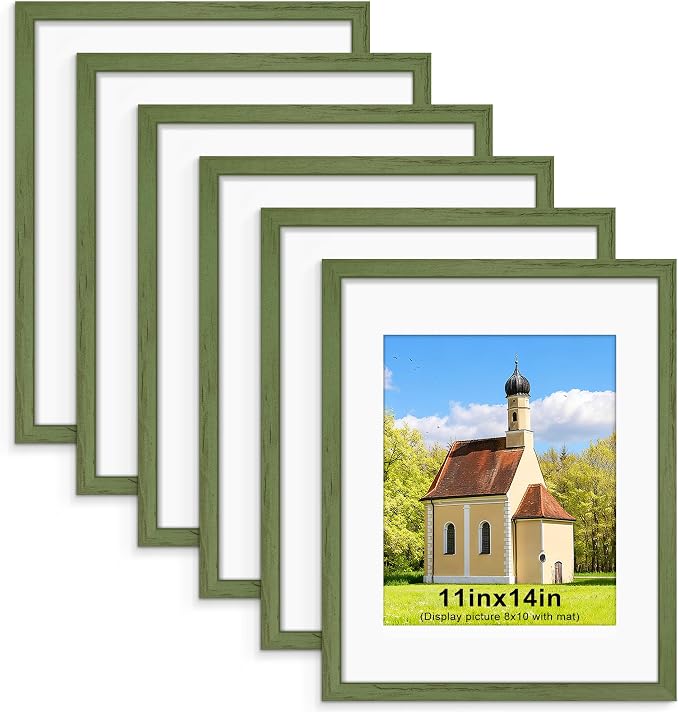 11x14 Picture Frame,Wall or Tabletop Display,Green Woodgrain,6 Pack | Display Pictures 8x10 with Mat or 11x14 Without Mat, Horizontal or Vertical, Gallery Wall Frame Set, Wedding Birthday Gifts
