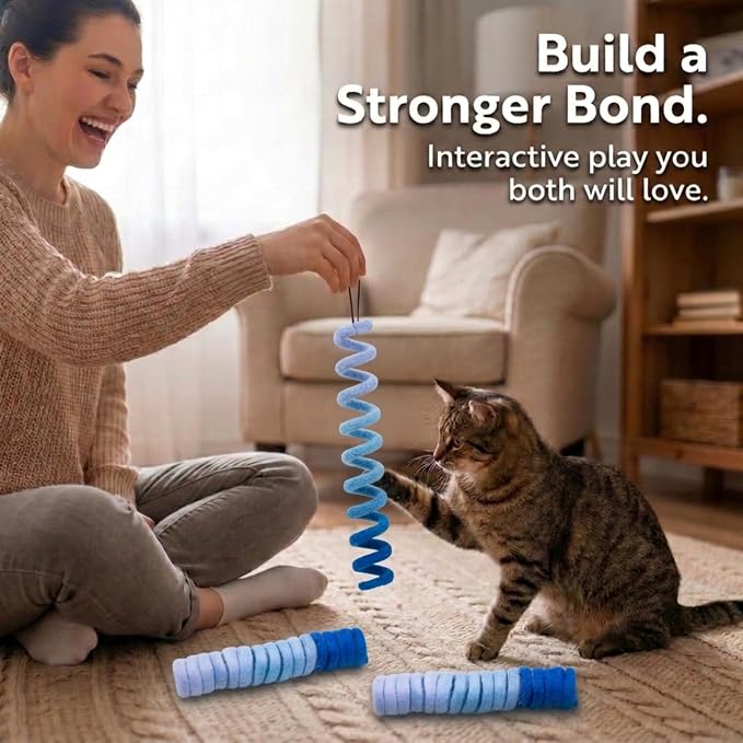 Glaciart One Felt Spring Cat Toy – 3 Pcs Soft Fuzzy Enrichment 100% Natural Wool - Interactive Stretchable Play Cat Toy Set - Safe for Pets, Non-AZO Colored Dyes - 30” Long