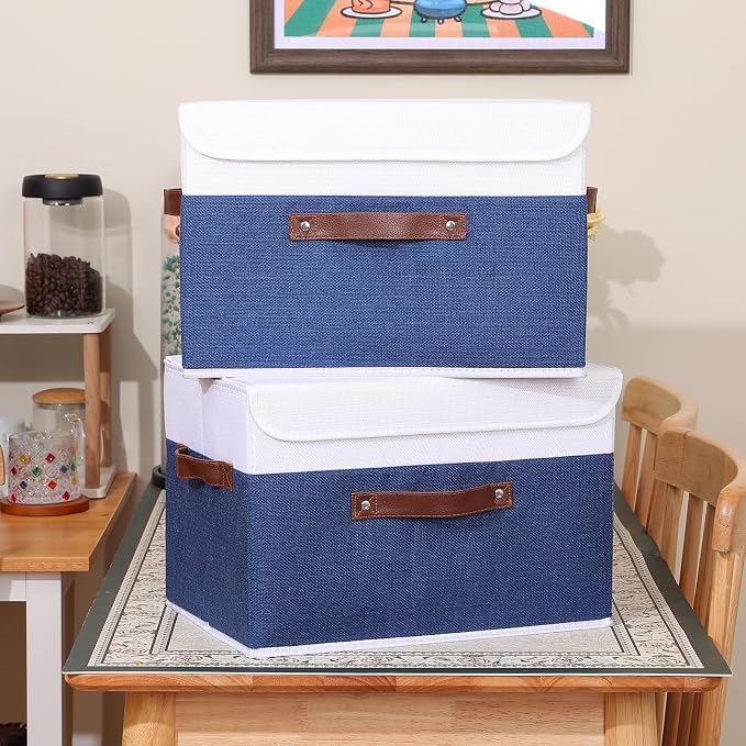ANMINY Fabric Storage Box Bins with Lids, Blue White, 15"x10"x10", 4 Pack | Keepsake Memory Storage, Cotton Linen, PP Board Reinforced, Washable, PU Handles, Foldable & Stackable, Decorative, Large