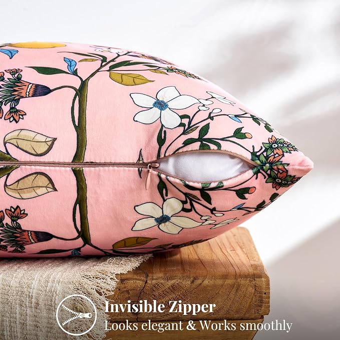 Light Pink Velvet Floral Decorative 12x20 Lumbar Pillow Covers Set of 2 | Durable and Sturdy,Botanical Printed Pattern,Throw Pillows Case,Rectangle,Colorful Farmhouse,Home Sofa Bed Couch Decor