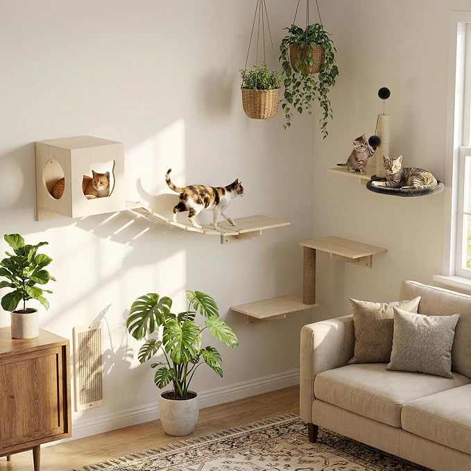 Cat Wall Shelves, 8-Piece Modern Wall-Mounted Cat Furniture Includes House, Bridge, Steps, Scratcher, Perch & Lounge for Indoor Cats, Space-Saving Wall Mounted Cat Shelves for Play & Rest
