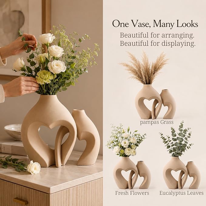 Ceramic Flower Vases Home Decor Heart Shaped Vase Set of 2 | Nordic Heart Shaped Vases Minimalist Decorative Vase for Table Centerpiece Wedding Dining Living Room Office House Decoration