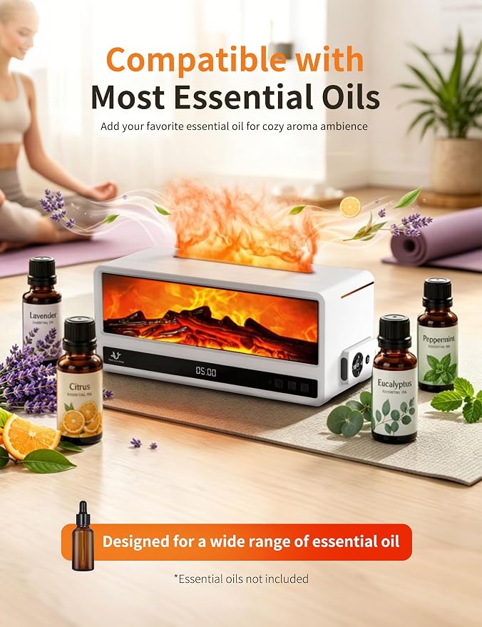 Essential Oil Diffuser for Bedroom, 250ml Aromatherapy Diffuser with Flame Effect, Remote Control, 7 Color LED Lights, Quiet Mist for Home Office and Living Room(White)