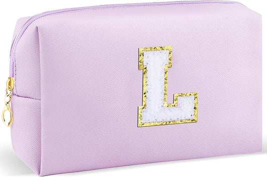 URSKYTOUS Gifts for Girls Initial Makeup Bag Personalized Cosmetic Bag with Zipper Cute Travel Toiletry Bag Waterproof PU Preppy Makeup Pouch Birthday Gift for Teen Girls Women(Purple L)