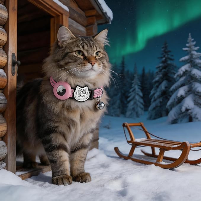 Cat Collar with AirTag Holder, QR Code Tag and Bell (Pink)