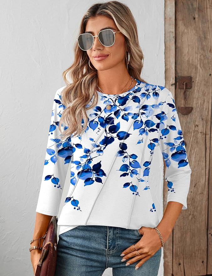 LOMON 3/4 Length Sleeve Womens Tops Spring Summer Fashion 2026 Tops Crew Neck Pleated Shirts Tunic Top Loose Fit