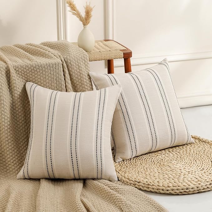 Hckot Throw Pillow Covers 24x24 Set of 2 Striped Pillow Covers Textured Linen Decorative Pillows Square Cushion Covers for Sofa Couch Bed Living Room Farmhouse Decor, Grey