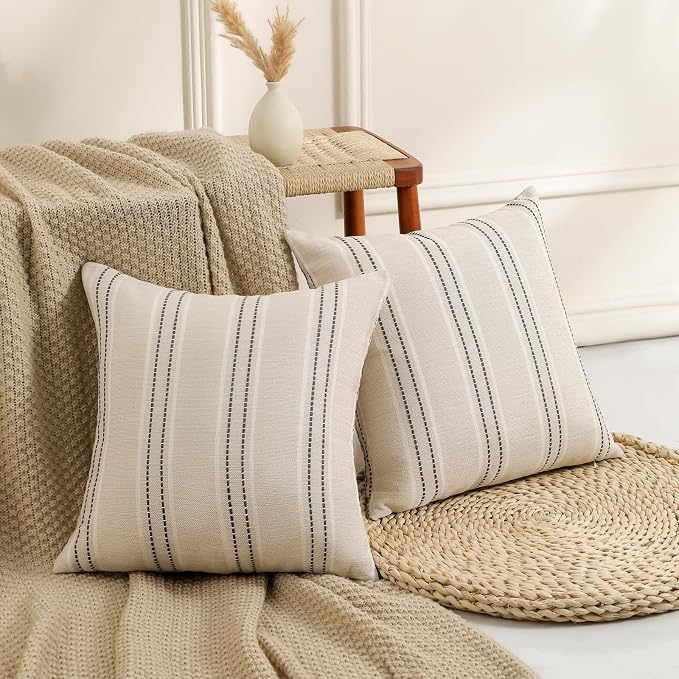 Hckot Throw Pillow Covers 20x20 Set of 2 Striped Pillow Covers Textured Linen Decorative Pillows Square Cushion Covers for Sofa Couch Bed Living Room Farmhouse Decor, Grey