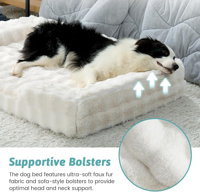 COZY KISS Faux Fur Orthopedic Dog Bed Washable for Extra Large Dogs, XXL | Soft Warm Pet Sofa with Sides or Bolster, Non-Slip and Big Dog Couch with Removable Waterproof Cover, 48x35 inch, Beige