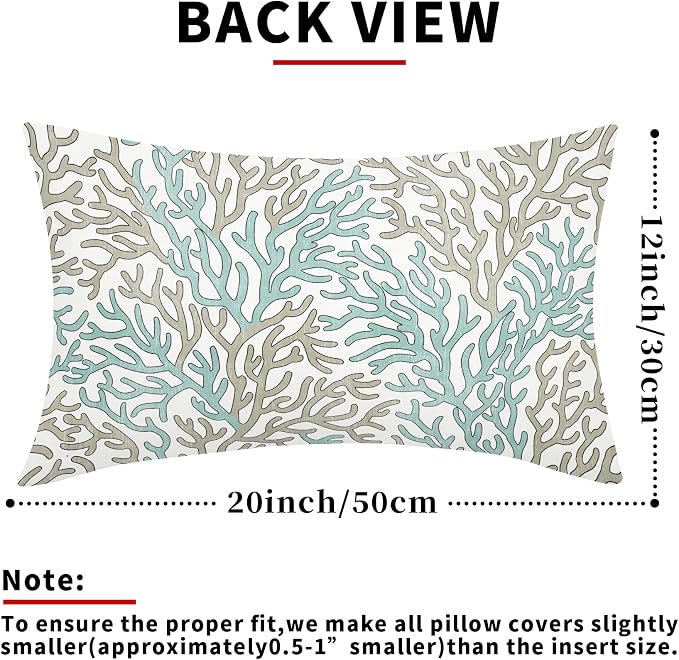 Nautical Coastal Coral Teal Tan White Lumbar Pillow Covers 12x20 Inch Set of 2 Brown Summer Ocean Themed Beach Pillow Cases Outdoor Linen Square Cushion Cover Farmhouse Decor for Home Sofa Couch Bed