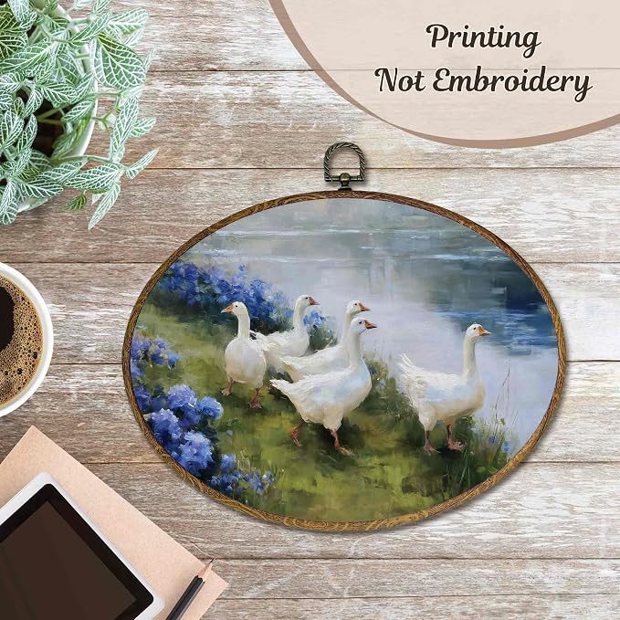 LKETW Rustic Duck Oval Wall Art Decor, Farmhouse Lakeside Wildflower Duck Oval Canvas Hanging Decor, Cottagecore Farm Animal Wall Decorations for Farmhouse Home Bedroom Living Room, 11.4x8.6 Inch