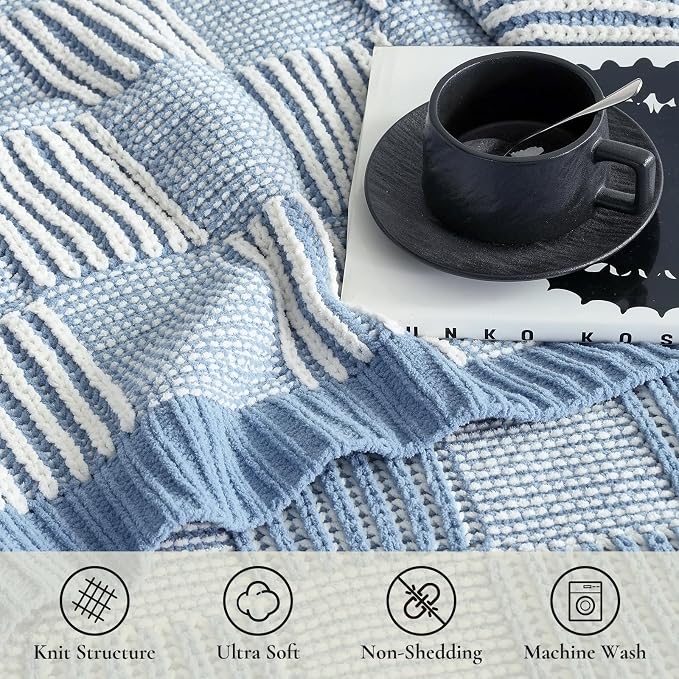 Knit Throw Blanket, Soft Chenille Cozy Breathable Dual Tone Checkered Chunky Decorative Blanket for Couch, Bed & Sofa, French Lightweight Warm Gift for Women, Washed Blue, 50"x60"