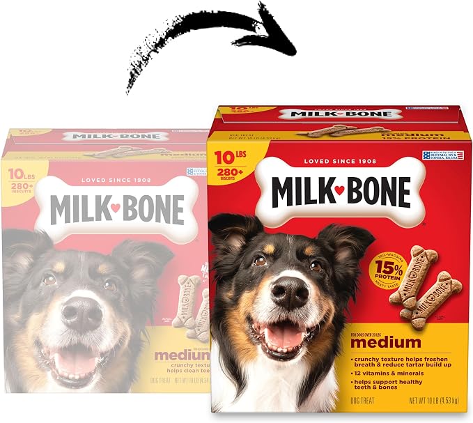 Milk-Bone Original Medium Dog Biscuits, 10 lb Box | 280+ treats, classic meaty taste, crunchy dog treats for dogs 20-50lbs, 15% protein, 12 vitamins & minerals, made in the USA