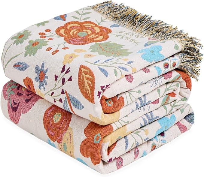 LUTBM Boho Throw Blanket for Couch 50"x60", Cotton Decorative Bed Throws | Reversible Floral Leaves Jacquard, All-Season Lightweight Soft Blankets, For Chair Sofa Bedroom Living Room Decor