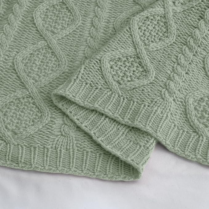 Homiest Sage Green Cable Knit Throw Blanket Set of 3, with 2 Pillow Covers | Pure Acrylic, Lightweight & Breathable, All-Season Use, Machine Washable, Wrinkle & Fade Resistant, for Couch Bed And Sofa