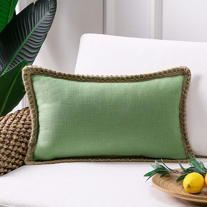 Phantoscope Farmhouse Decorative Throw Pillow Cover Burlap Linen Trimmed Tailored Edges Outdoor Xmas Pillow Green 12 x 20 inches, 30 x 50 cm