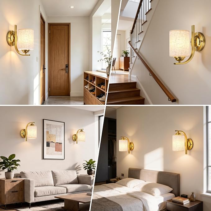 2-Pack Wall Sconces for Bedroom and Bathroom, Gold Farmhouse Wall Light Fixtures with Fabric Shade, Modern Vanity Wall Lamps for Living Room, Hallway, Kitchen