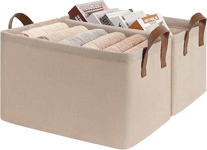 CHICVITA Extra Large Fabric Storage Bins, Metal Frame, 2-Pack, Brown | 45L, 19" L x 13" W x 11" H, Collapsible Design, Blankets, Toys & Home Essentials Storage, Closet & Shelves Organization