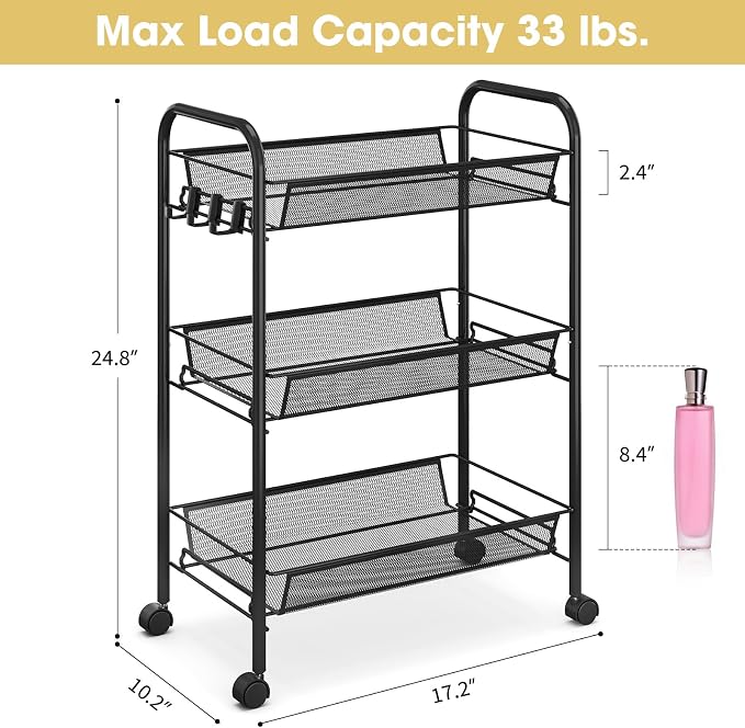 TOOLF 3 Tier Rolling Cart, Metal Utility Storage Cart with Wheels, Black | 3 Hooks, Screwless Assembly, Trolley Organizer for Bathroom, Kitchen, Office, Nursery, Dorm, Laundry Room