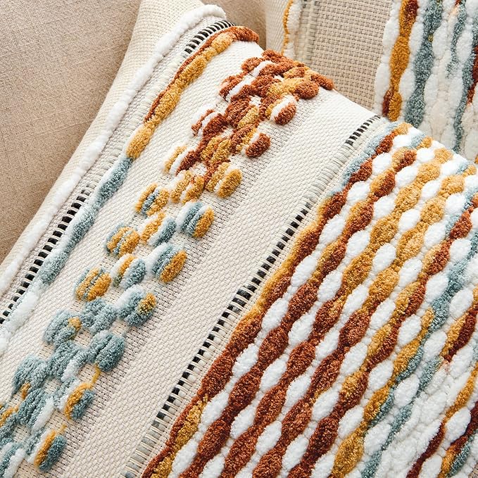 ANRODUO Boho Decorative Throw Pillow Covers Brown Stripe 18x18 Pack of 2 | Throw Pillow Covers, Farmhouse Cushion Case, Chenille Pillow Cases, Pillow Covers, Accent Neutral Pillowcase for Couch Bed