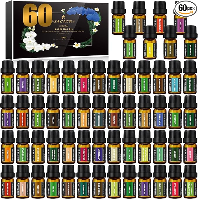 SACATR 60 Bottles Premium Essential Oils Set - Natural Essential Oils for Diffuser, Humidifier, Candle and Soap Making（60x5 ML）