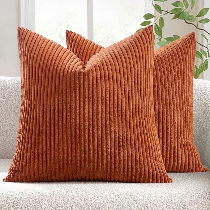 MIULEE Fall Decorative Corduroy Throw Pillow Covers Set of 2 16x16 Rust | Soft Striped Textured Cushion Cases, Boho Rustic Square Pillowcases for Home Decor, for Couch Chair Sofa Bed Living Room