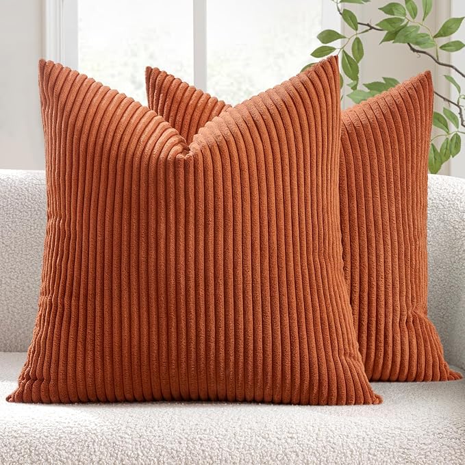 MIULEE Fall Decorative Corduroy Throw Pillow Covers Set of 2 20x20 Rust | Soft Striped Textured Cushion Cases, Boho Rustic Square Pillowcases for Home Decor, for Couch Chair Sofa Bed Living Room
