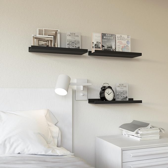 RICHER HOUSE 3-Set Floating Shelves with Lip, Black Small Wall Shelf, 16In | Display Picture Ledge Shelf, Anti-drop lip Shelf for Room Wall Decor, Bedroom Bathroom Storage Nursery Books, Easy Setup,Wood