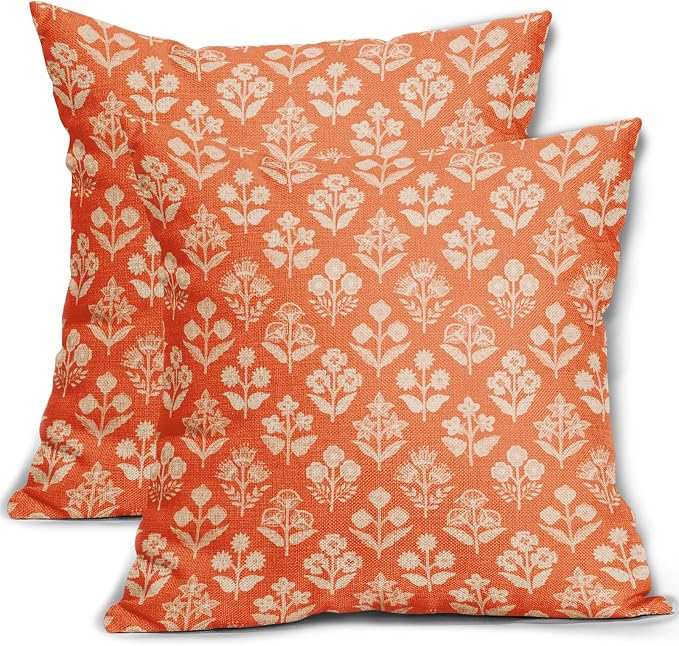 Orange Floral Block Print Pillow Covers 18x18 Inch Set of 2, Vintage Flower Pattern Decorative Throw Pillowcases Outdoor Farmhouse Cushion Covers Fall Rustic Sofa Couch Bed Decor