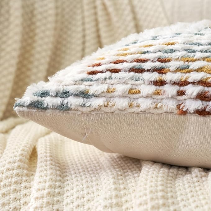 Aeckself Boho Chenille Tufted Pillow Cover 18 x 18 Inch, Decorative Square Throw Pillow Cover Neutral Pillowcase for Couch Bedroom Living Room, Orange White